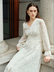 Koradior | Embroidered Lace V-Neck Full-Length Sleeve Long Dress