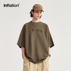 INFLATION brand Mens Youth 250g Heavyweight Twill Embroidered T-shirt 2024 Spring/Summer New Towel Embroidered Line Embroidered Retro Loose Heavyweight Short Sleeves