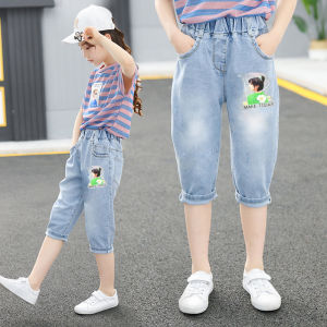Summer New Style Girls Jeans Mid-Waist Thin Seven-Point Korean Version Kids Shorts Cotton Polyester Blend Comfortable Fit