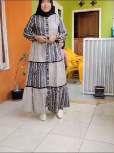 Alnaya Gamis Maxi Katun Linen Susun Rempel Full Kancing