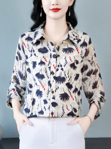 เสื้อเชิ้ตผ้าชีฟองหลวมๆ สำหรับผู้หญิง แขนยาวเก้าส่วน พิมพ์ลายแฟชั่น ทรงหลวม สไตล์เรโทร เสื้อผ้าทำงาน ฤดูใบไม้ร่วง 2024