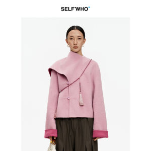 Wool Pink Scarf Collar Chinese Style Short Jacket