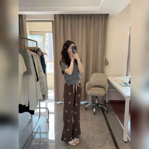 YUFUQING | Khaki Retro Embroidered Flared Casual Pants Summer New Slimming High Waist Straight Leg Wide Leg Pants Casual Trousers