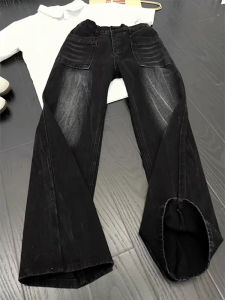 Retro Lightning Bamboo Fiber Pattern Loose Straight Leg Mens Jeans Spring Autumn Vibe High Street Micro Flared Workwear