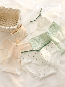 5 Piece/pack Womens Japanese Style Briefs Fresh Green Floral Print 100% Cotton Crotch Mid Waist Hip Coverage Student Triangle Panties