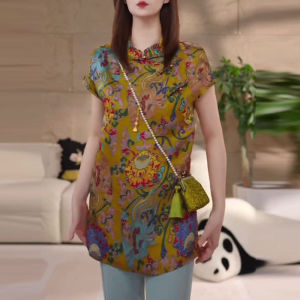 UYFY | New Chinese Style Floral Print Short Sleeve Shirt Womens Fashionable Autumn Design Loose Fit Polyester Fiber Casual Top