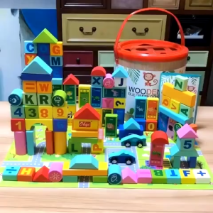 บล็อกไม้ บล็อกไม้อักษร ตัวเลข รูปสี่เหลี่ยม สามเหลี่ยม สีสันสวยงาม 50 ชิ้นและ 100 ชิ้น พร้อมถังเก็บ บล็อคไม้ ของเล่นไม้เสริมพัฒนาการ พร้อมกล่องทรงกลม+ผ้าถุง บล็อคไม้ตัวต่อ