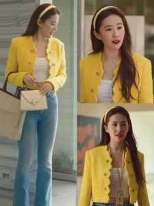 Rose Story Liu Yifei สไตล์เดียวกัน สีเหลือง ผ้าทวีด ลม เสื้อโค้ท ผู้หญิง French Luxury Coarse ขนสัตว์ เสื้อท่อนบน แจ๊กเก็ตสั้น กระดุมแถวเดียว ยาว แขนเสื้อ