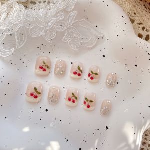 Handmade Short Semi-Ripe Cherry Nail Art Stickers French Style Ice Transparent 3D Strawberry Fake Nails Wearable Nail Tips