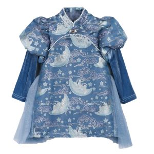 NORNOR Long Sleeve Fleece Lined Cheongsam Dress for Girls Chinese Style Childrens Clothing Winter A-Line Skirt Kids Dresses