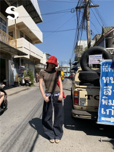 Quần Jeans Denim Ống Thẳng Retro Washed Có Dây Rút Phối Kiểu Dáng Rộng Màu Xanh Denim Quần Thường Ngày Cho Nữ