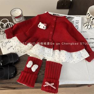 Girls Knitted Sweater And Pants Set Red Christmas Theme Two-Piece Suit for Babies Cotton Material Warm And Comfortable