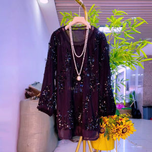 Plus Size Womens round Neck Long Sleeves Sequin Tops Fat Sister Elegant Lightly Mature Fashion All-Match Western Style Youthful-Looking Small Shirt