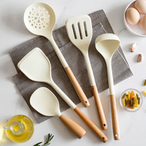 Kitchen Chinese Style Silicone Wood Handle Spatula Heat-resistant Silicone Cooking Spatula Spoon Kitchenware