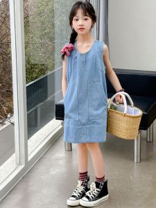 Girls Summer Casual Sleeveless Denim Vest Dress with Big Pockets A-Line Skirt Style Wide Waist No Sleeve round Neck Short Dress