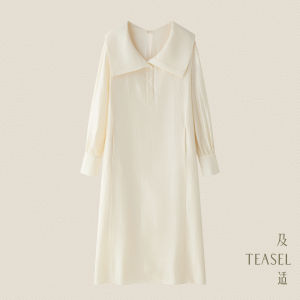 Teasel Silk Luster Rayon Navy Collar Loose Long Sleeve Knee-Length Overcoat Dress Elegant Simple Style Natural Waist Design