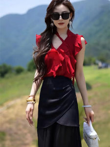 เสื้อเชิ้ตแขนกุดคอวีสไตล์เกาหลีแฟชั่นฤดูร้อน 2025 สำหรับผู้หญิง ทรงเข้ารูป สีสันสดใส แขนกุด คอวี แขนกุด แขนกุด