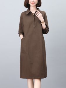 Spring Long Sleeve Womens Dress Stylish Casual Loose Waist Polyester Fiber A-Line Skirt Single Button Closure Comfortable Dress