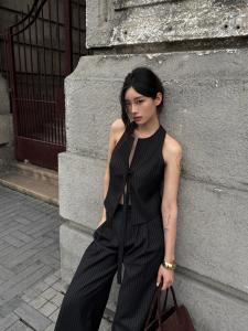 French Stripe Hollow out Strap Vest Women Summer Slimming Top Hanging Neck Tie Design Versatile Style Regular Fit Bodycon