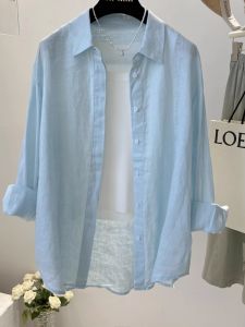เสื้อเชิ้ตแขนยาวผ้าฝ้ายลินินกันแดดสำหรับผู้หญิง เสื้อเชิ้ตคอโปโลทรงหลวม ทรงปกติ ฤดูใบไม้ผลิและฤดูร้อน ปกติ