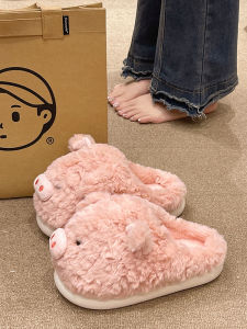 Cute Pig Cotton Slippers Womens Winter Outdoor Wearable Plush Warm Indoor Thick Bottom Anti-slip Home Slippers Roman Style Sweet Youth Fashion EVA Outsole
