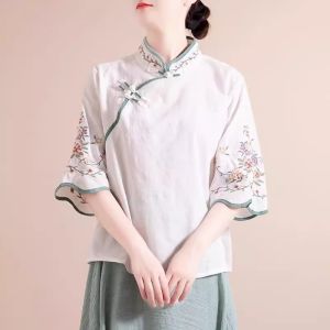 DSF Studio cotton tea clothes shirt womens embroidery new top Chinese summer retro national style diagonal placket loose literary buckle