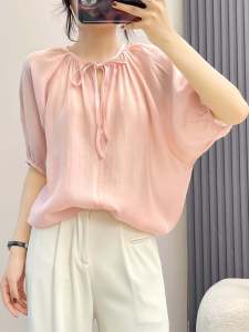 Huiyige Summer Womens Short-Sleeved Shirt Pullover Tether Shirt K-style Loose Casual Tencel Shirt Pure Color Tops