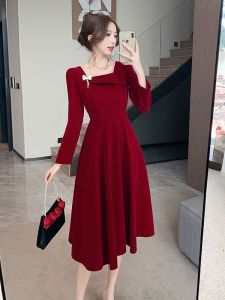 Elegant Wedding Dress French Style A-Line Gown for Bridal Return Home Dinner Party Long Sleeve Polyester Fabric with Zipper