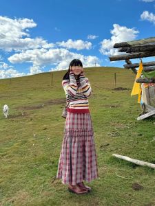 Elastic Drawstring High Waist Korean Style Retro Plaid Modern Elegant A- line Skirt Autumn New Loose Easiest for Match Dress