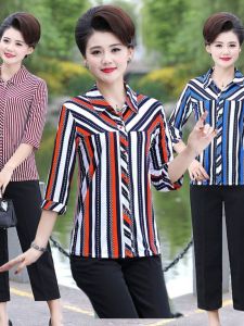 Áo Sơ Mi Lụa Băng Tay Bảy Mùa Hè Cho Mẹ Áo Thun Kẻ Sọc Thời Trang Cổ Polo Dáng Rộng Thường Ngày Cho Nữ