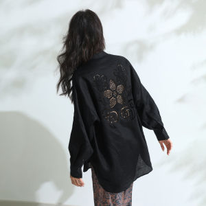 Miccbeirn | Elegant Embroidered Long Sleeve Linen Shirt Casual Hollow Out Simple Commute Style Womens Top Lazy Fashion Versatile Commute Casual