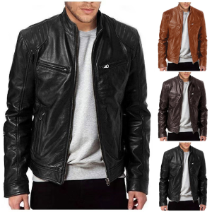 2024 New Mens Leather Jacket Cycling Stand Collar Jacket Motorcycle Leather Jacket