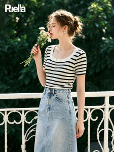 puella | French Design Squared Neckline Slimming Short Sleeve Knit Top