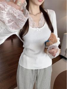 White Sweater Womens Spring Fall and Winter Underwear Long Sleeved Top Lazy Fancy Pullover Retro Lace Splicing Knitwear