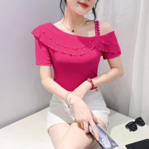 Yimei Áo Thun Hở Vai Lụa sáng bóng viền tay ngắn đơn Áo Thun Hoa Hồng Gợi Cảm Đỏ giảm béo lão hóa nhẹ nhàng mới mùa hè 2024 Áo khiêu vũ đẹp