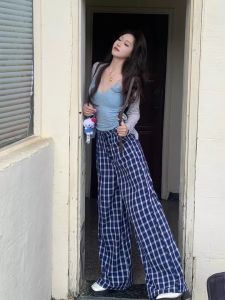 Quần Ống Rộng Xếp Ly Thường Ngày Cho Nữ Mùa Xuân Hè Mới Về Quần Ống Đứng Kẻ Caro Xanh Rộng Rãi Cạp Cao Dài Đến Sàn