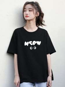 Áo Thun Cotton Tay Ngắn Màu Đen Thiết Kế Mới Cho Nữ Mùa Hè Cổ Tròn in Họa Tiết Phong Cách Hàn Quốc Dáng Rộng Thường Ngày