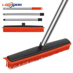 Rubber Broom Carpet Rake with Squeegee Adjustable length for Pet Hair Fur Remover Broom for Fluff Carpet Hardwood Floor No Scra