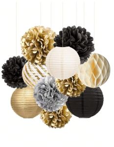 11pcs Black & Gold Pom Pom Lantern Party Decorations Back To School Valentine Day
