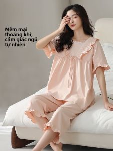 MiiOW | Bộ đồ ngủ cotton mùa hè cho nữ MiiOW Cat Person Áo chui đầu tay ngắn Quần dài đến đầu gối Mùa hè ngọt ngào Bộ đồ mặc nhà cỡ lớn