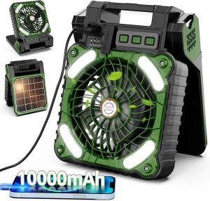 20000mAh Portable Rechargeable Outdoor Solar Fan with LED Light Adjustable Speed 3-Balde Car Home Camping