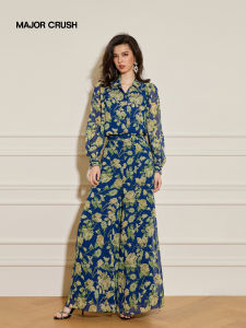 Vintage Print Long Sleeve High Waist Flared Pants Suit