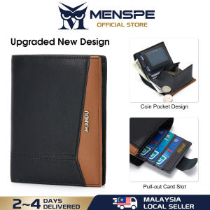 MENSPE Men Short Wallet Drawable Card Slot Design RFID Block Wallet Coin Wallets Soft Microfiber Genuine Leather Wallet Multi-Card Position ID Credit Cards Holders Coin Bag Business Wallets