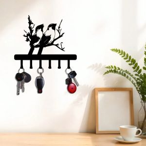 CIFBUY Metal Wall Art Key Holder Bird Branch Entryway Coat Hat Rack Functional Home Decor Black Iron