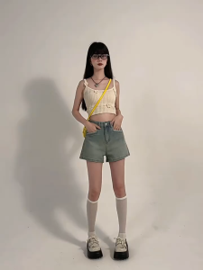 กางเกงยีนส์ขาสั้นเอวสูงทรงเอ หลวมเมทร์ง่าย#V116