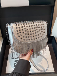 2025 New Fashion Rivet Fringe Casual Crossbody Bag for Middle-Aged Women Small Square Bag Synthetic Leather Leisure Handbag
