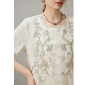 Retro Heavy Embroidery Beaded Silk Linen Womens Dress Loose Midi Skirt Summer New Style DFVC A-Line Dress round Neck Short Sleeve