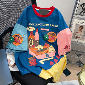 เสื้อยืดแขนสั้นบล็อกสีสําหรับผู้ชายและผู้หญิงฤดูร้อนดีไซน์โอเวอร์ไซส์ครึ่งแขนชั้นบนเสื้อผ้าเยาวชนสไตล์ยอดนิยม