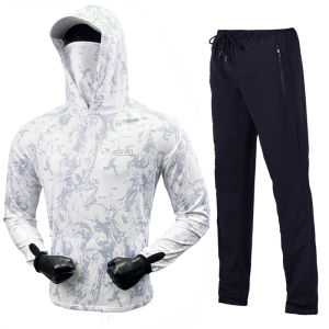 ผู้ชายผ้าไหมน้ําแข็งชุดอุปกรณ์ตกปลา Ultra-Thin Camouflage เสื้อแขนยาวและกางเกง Breathable Quick-Dry ขนาดใหญ่