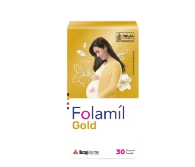 Folamil Gold suplemen kehamilan dengan 30 kapsul sertifikasi halal cocok untuk ibu hamil.
